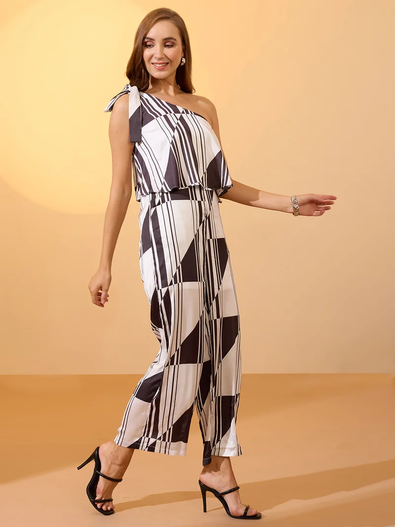 globus Women Multi White Tie-Up One Shoulder Abstract Print Wide Leg Party Jumpsuit