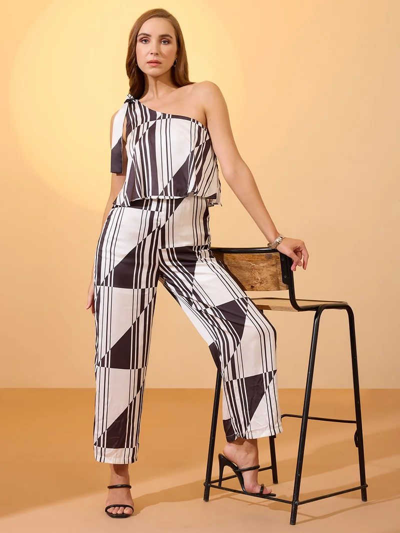 globus Women Multi White Tie-Up One Shoulder Abstract Print Wide Leg Party Jumpsuit