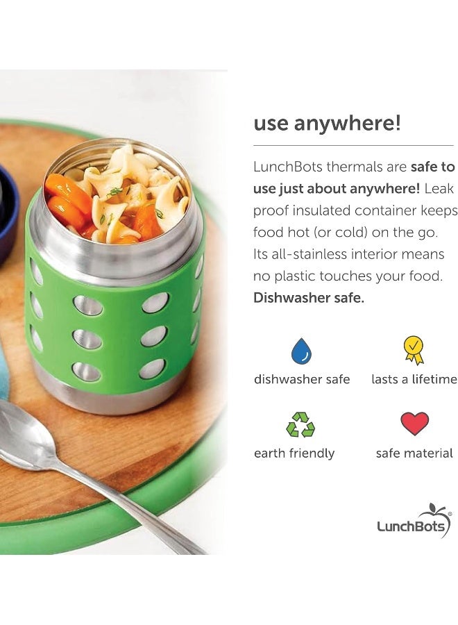LunchBots Thermal 12 oz Triple Insulated Thermos - Hot 6 Hours or Cold 12 Hours - Leak Proof Thermos Soup Jar - All Stainless Interior - Navy Lid - Green Dots