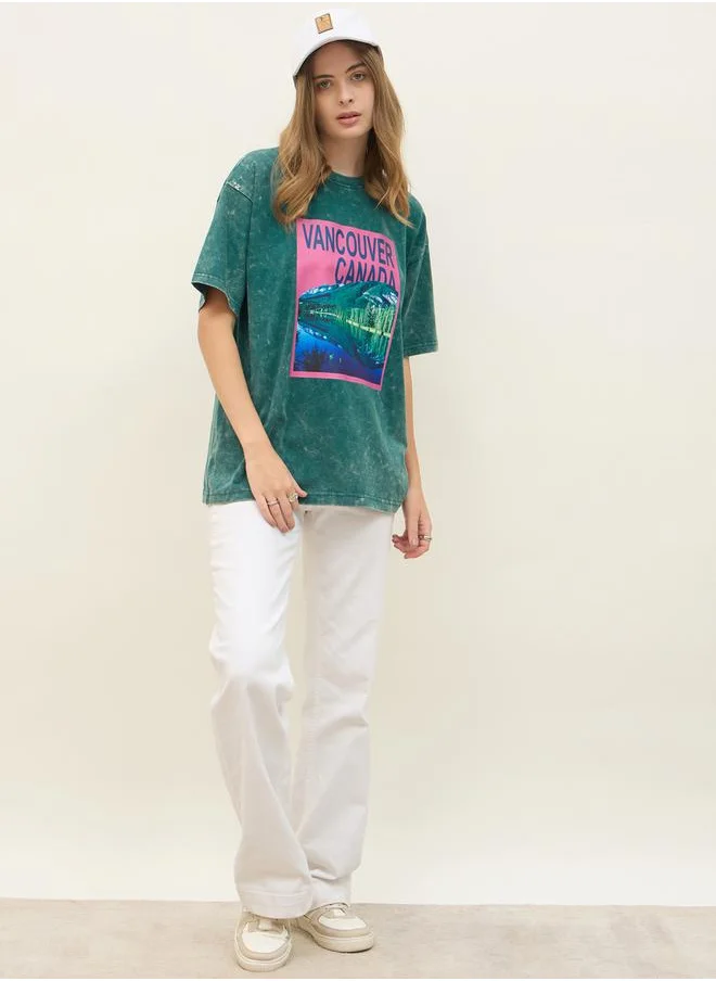 Styli Vancouver Graphic Print Acid Washed Oversized T-Shirt