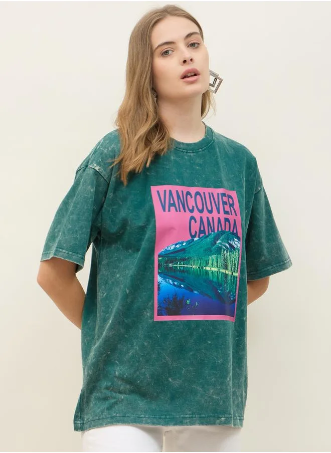 Styli Vancouver Graphic Print Acid Washed Oversized T-Shirt