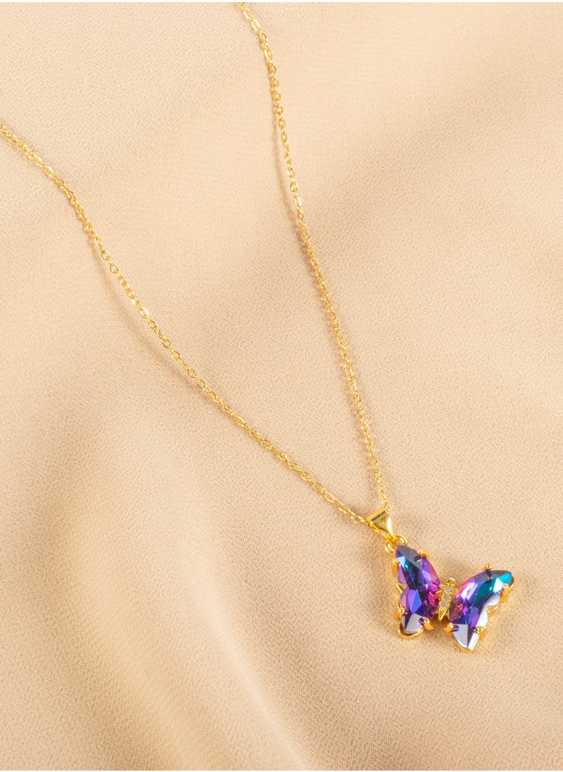 The Black Pearl Accessories - Stainless Steel Necklace with a Purble Blue Crystal Stone Butterfly - Image 1