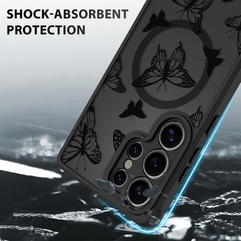 OOK Case Fit for Samsung Galaxy S25 Ultra 6.9 Inch (Wireless Charging Compatible) Black Butterfly Design Translucent Phone Cover Soft TPU + Hard PC Anti-Scratch Shockproof Magnetic Case for Women - Image 4