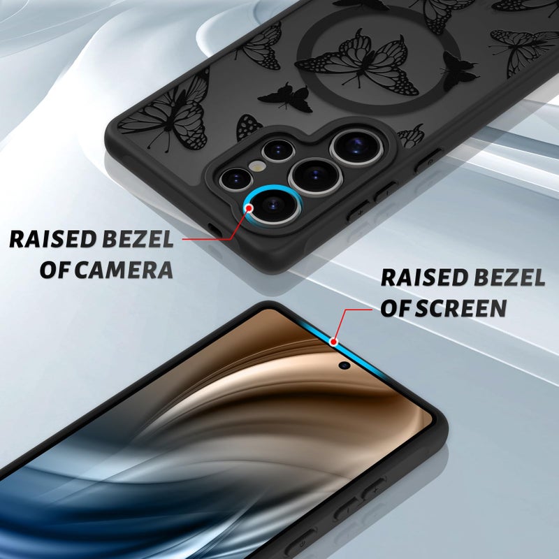 OOK Case Fit for Samsung Galaxy S25 Ultra 6.9 Inch (Wireless Charging Compatible) Black Butterfly Design Translucent Phone Cover Soft TPU + Hard PC Anti-Scratch Shockproof Magnetic Case for Women - Image 3