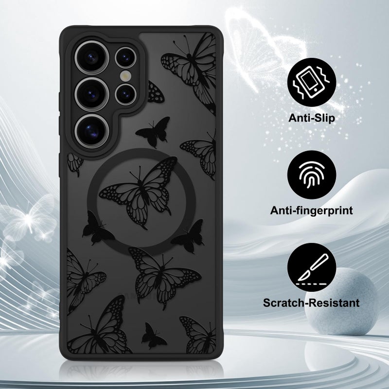 OOK Case Fit for Samsung Galaxy S25 Ultra 6.9 Inch (Wireless Charging Compatible) Black Butterfly Design Translucent Phone Cover Soft TPU + Hard PC Anti-Scratch Shockproof Magnetic Case for Women - Image 5