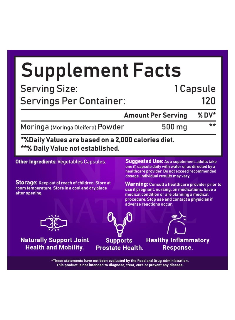 أن بي أل ناتشورال NBL المورينغا العضوية الطبيعية 500 ملغ، الطاقة والتمثيل الغذائي ودعم المناعة، 120 كبسولة - Image 5