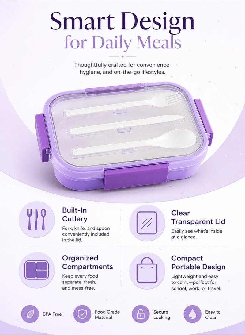 Yoawllty Kids Lunch Box with Utensil, Bento Box, Leakproof Lunch Container with 5-Compartment for Microwave Safe(1000ML, Purple) - Image 2