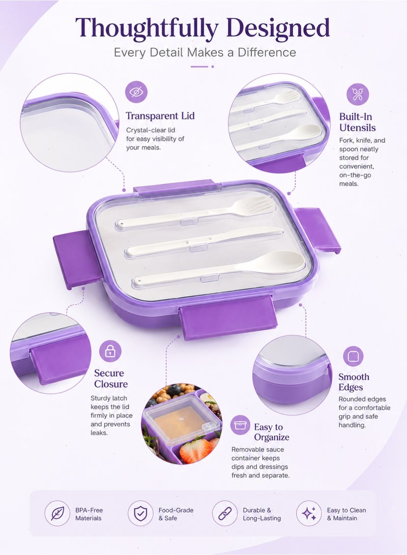 Yoawllty Kids Lunch Box with Utensil, Bento Box, Leakproof Lunch Container with 5-Compartment for Microwave Safe(1000ML, Purple) - Image 4
