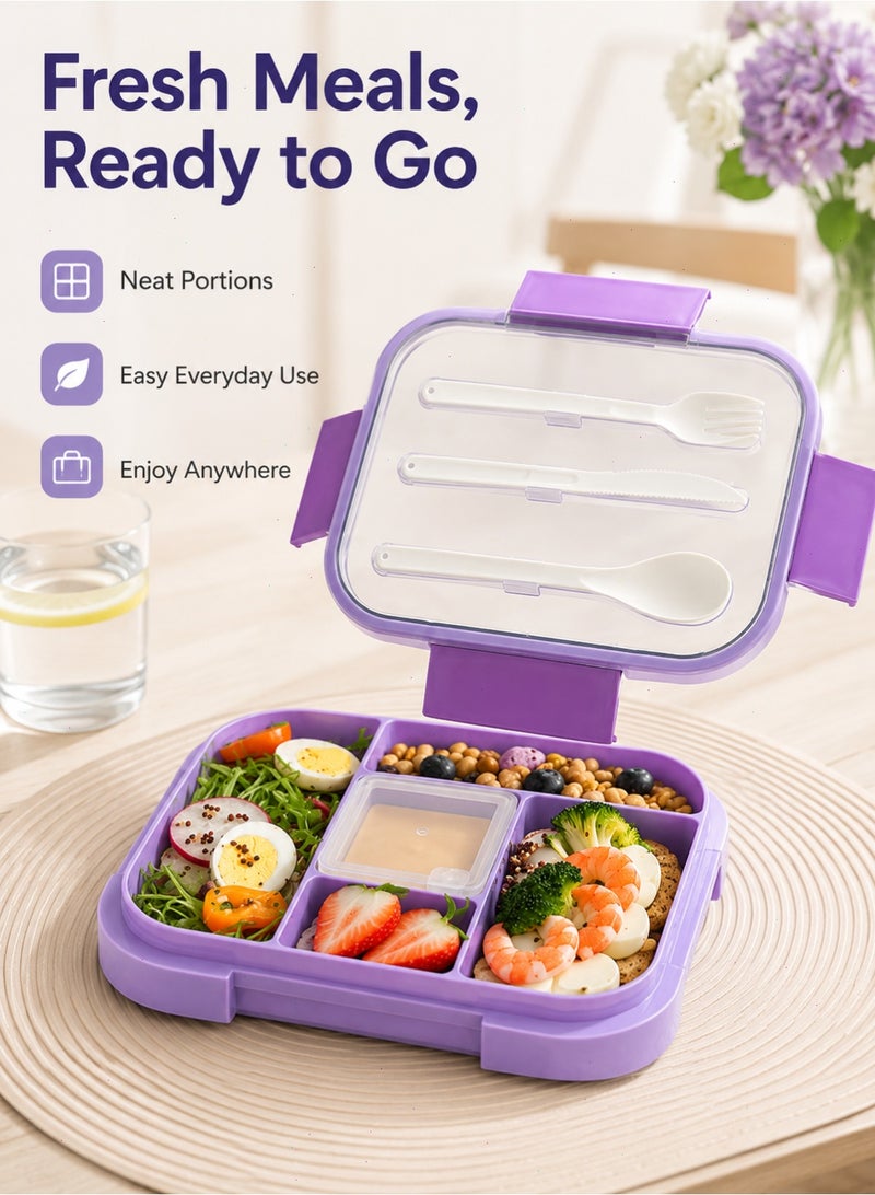Yoawllty Kids Lunch Box with Utensil, Bento Box, Leakproof Lunch Container with 5-Compartment for Microwave Safe(1000ML, Purple) - Image 3