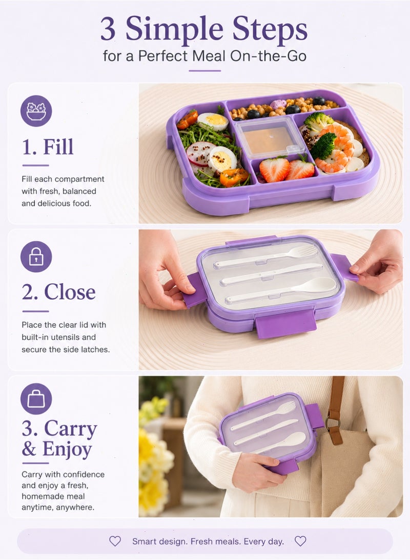 Yoawllty Kids Lunch Box with Utensil, Bento Box, Leakproof Lunch Container with 5-Compartment for Microwave Safe(1000ML, Purple) - Image 5