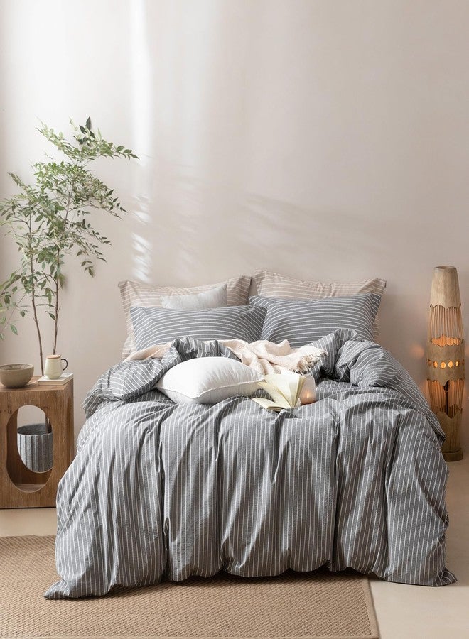 BDEAR Pinstripe Duvet Cover Queen Size 90x90in, 100% Washed Cotton Duvet Cover with Zipper Closure and 2 Pillowcases, Dark Grey-White Stripe - Image 3