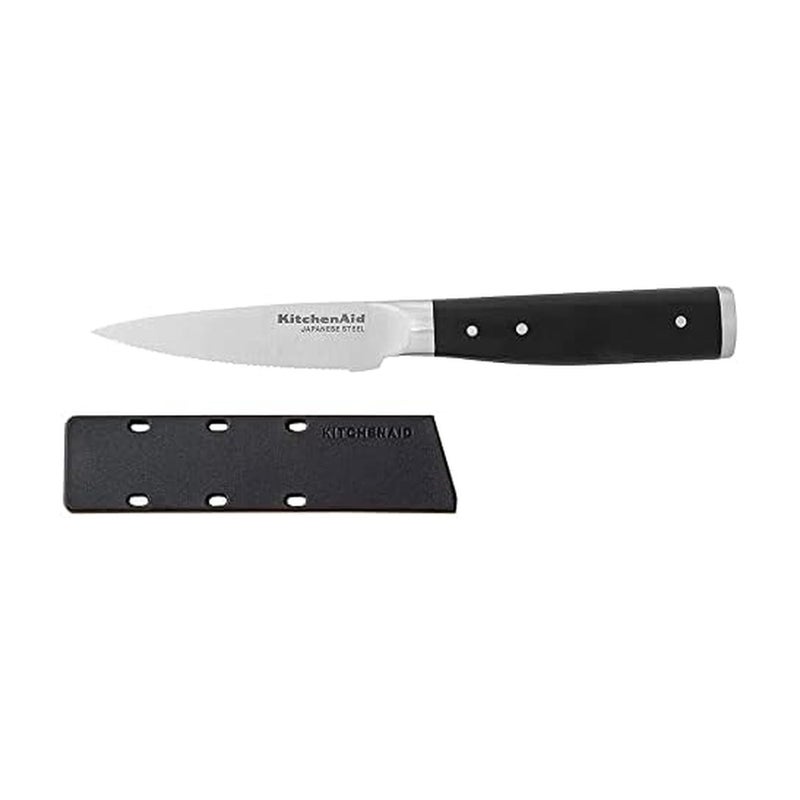 KitchenAid Gourmet Forged Triple Rivet Serrated Paring Knife with Custom-Fit Blade Cover, 3.5-inch, Sharp Kitchen Knife, High-Carbon Japanese Stainless Steel Blade, Black - Image 1