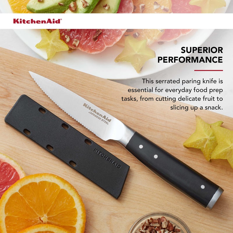 KitchenAid Gourmet Forged Triple Rivet Serrated Paring Knife with Custom-Fit Blade Cover, 3.5-inch, Sharp Kitchen Knife, High-Carbon Japanese Stainless Steel Blade, Black - Image 3