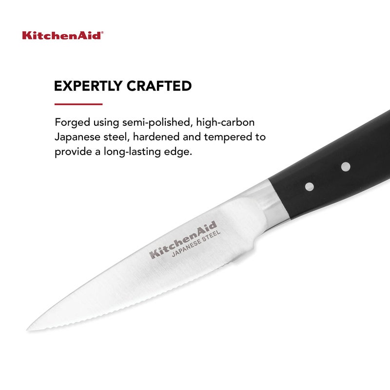 KitchenAid Gourmet Forged Triple Rivet Serrated Paring Knife with Custom-Fit Blade Cover, 3.5-inch, Sharp Kitchen Knife, High-Carbon Japanese Stainless Steel Blade, Black - Image 2