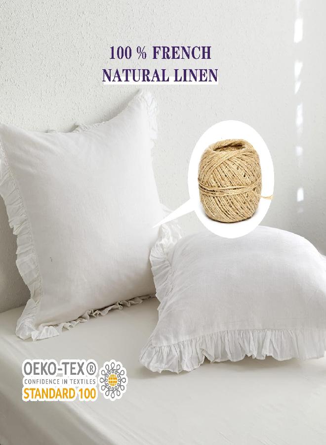 Simple&Opulence 100% Linen Stone Washed Euro Sham with Ruffle 26x26 Inch Pillow Cover Set of 2, Home Decoration Pillow, Soft and Breathable, White - Image 2