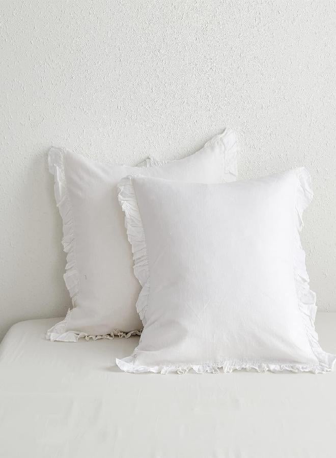 Simple&Opulence 100% Linen Stone Washed Euro Sham with Ruffle 26x26 Inch Pillow Cover Set of 2, Home Decoration Pillow, Soft and Breathable, White - Image 1