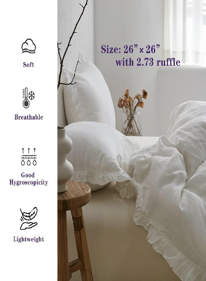 Simple&Opulence 100% Linen Stone Washed Euro Sham with Ruffle 26x26 Inch Pillow Cover Set of 2, Home Decoration Pillow, Soft and Breathable, White - Image 3
