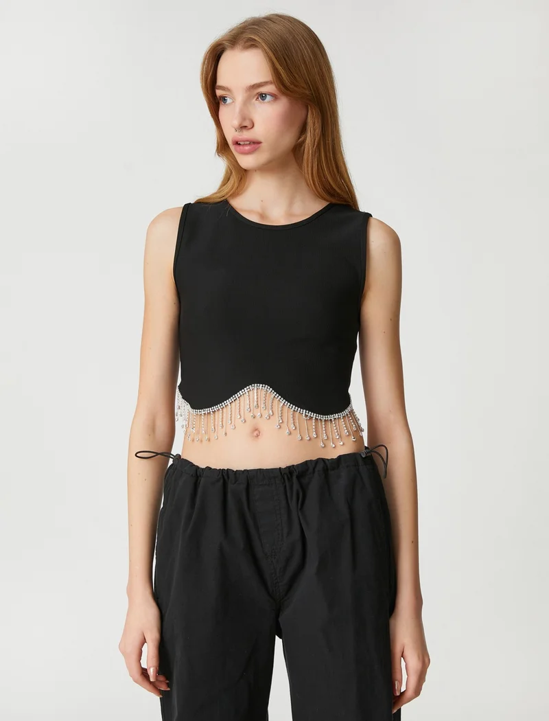 KOTON Crop Undershirt with Dangling Shiny Stone Detail Crew Neck