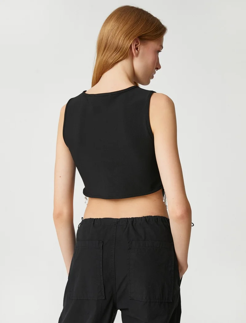 KOTON Crop Undershirt with Dangling Shiny Stone Detail Crew Neck