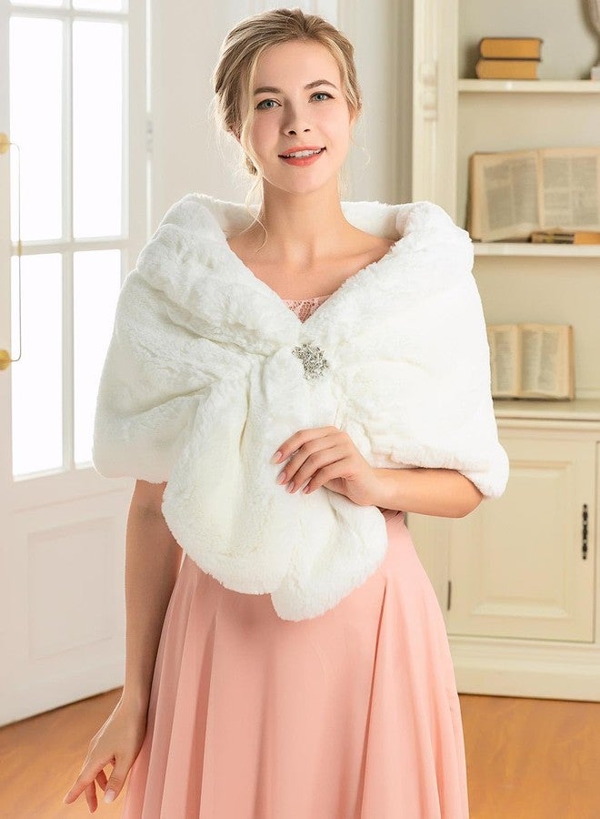 GORAIS Women's Wedding Faux Fur Shawls and Wraps Bridal Fur Scarf Stoles with Brooch for Bride and Bridesmaids (US 4-14(S-M), B White) - Image 2