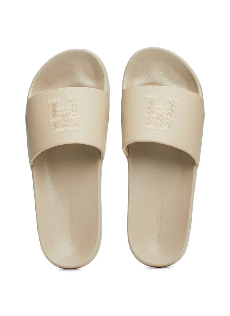 Women's Embroidered Logo Slides - Faux Leather, Beige - pzsku/Z9ED70EDC334570FE4A5EZ/45/_/1738742077/df1ed93b-37ca-4d2a-9f92-b5f6e7ba48ce