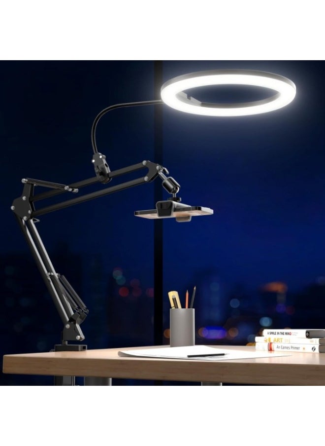 10-Inch Selfie Ring Light Stand Desk Arm Video Recording Fill Light Mobile Phone Bracket Universal Professional Flashlight-Color:10-inch Three-color Lamp