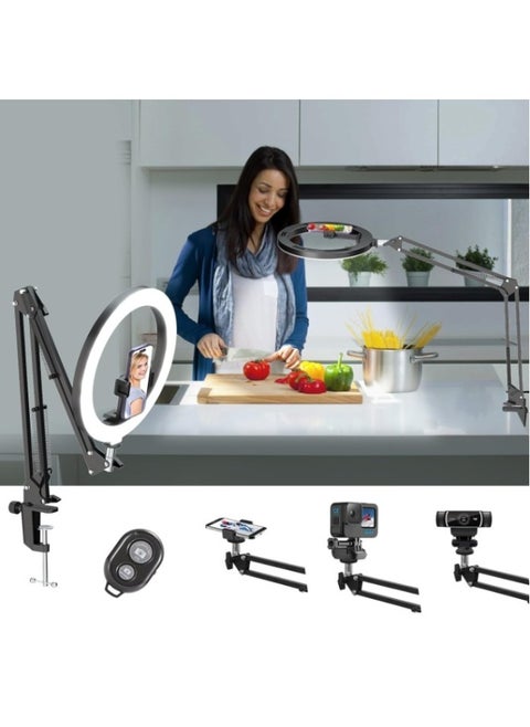 10-Inch Selfie Ring Light Stand Desk Arm Video Recording Fill Light Mobile Phone Bracket Universal Professional Flashlight-Color:10-inch Three-color Lamp