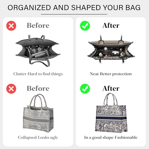 OAikor Tote Bag Organizer Insert Compatible with Dior Book Tote and onthego Bag Medium,Premium Felt Lightweight Purse Organizer Insert for Handbags,Bags Shaper Purse Accessories with Zipper,MM,Black - Image 3
