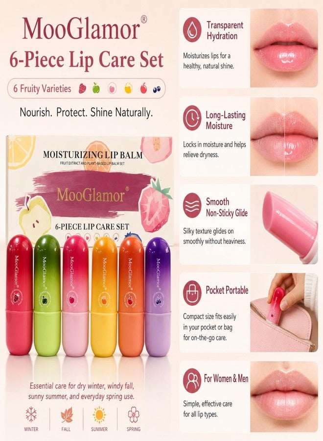 MooGlamor 6 Pcs Lip Balm Set Moisturizing Lip Care Fruit Lip Balm with Transparent Hydrates Dry and Cracked Lip Care Hydrating Gift for Daily Women and Men - Image 2