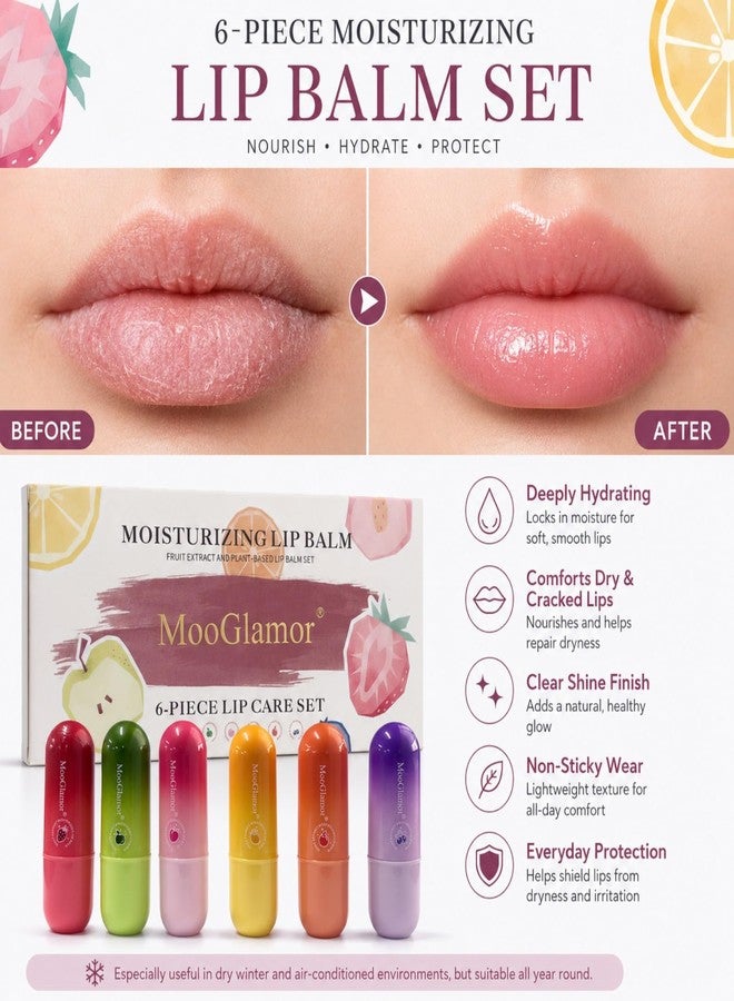 MooGlamor 6 Pcs Lip Balm Set Moisturizing Lip Care Fruit Lip Balm with Transparent Hydrates Dry and Cracked Lip Care Hydrating Gift for Daily Women and Men - Image 5