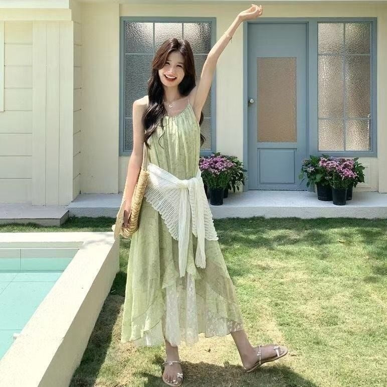 Women's 2026 Summer Green Halter Neck Loose Long Beach Dress - Image 1