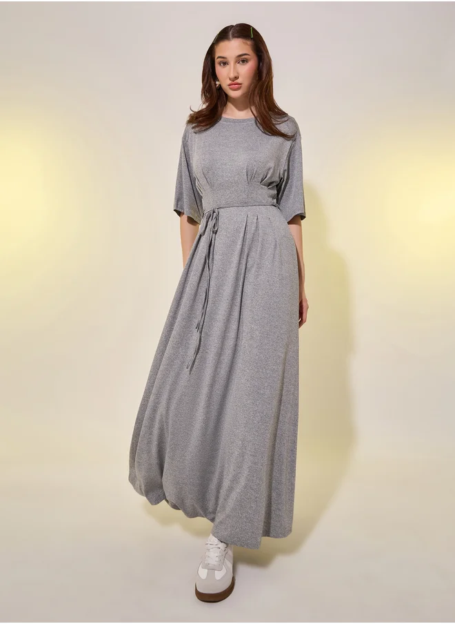 ستايلي Solid Pleated Tie Detail A-Line Midi Dress
