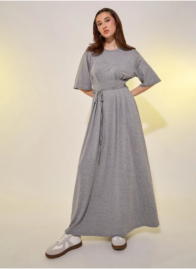 ستايلي Solid Pleated Tie Detail A-Line Midi Dress