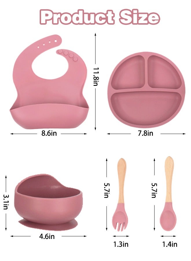 Sharpdo 5-Pieces Silicone Baby Feeding Set, Baby Led Weaning Supplies with Suction Bowl and Divided Plate, Wooden Spoon and Fork, Toddler Tableware Set with Adjustable Soft Silicone Bib - Image 2