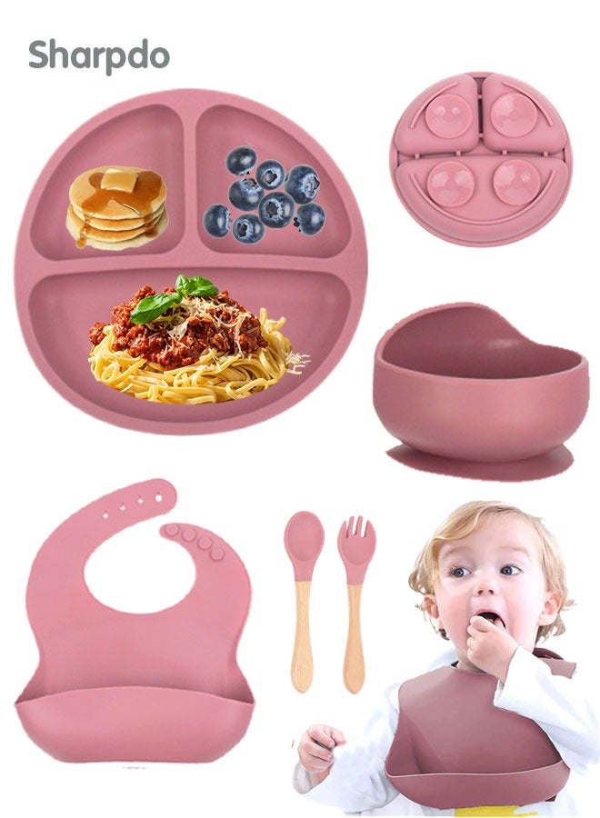 Sharpdo 5-Pieces Silicone Baby Feeding Set, Baby Led Weaning Supplies with Suction Bowl and Divided Plate, Wooden Spoon and Fork, Toddler Tableware Set with Adjustable Soft Silicone Bib - Image 1