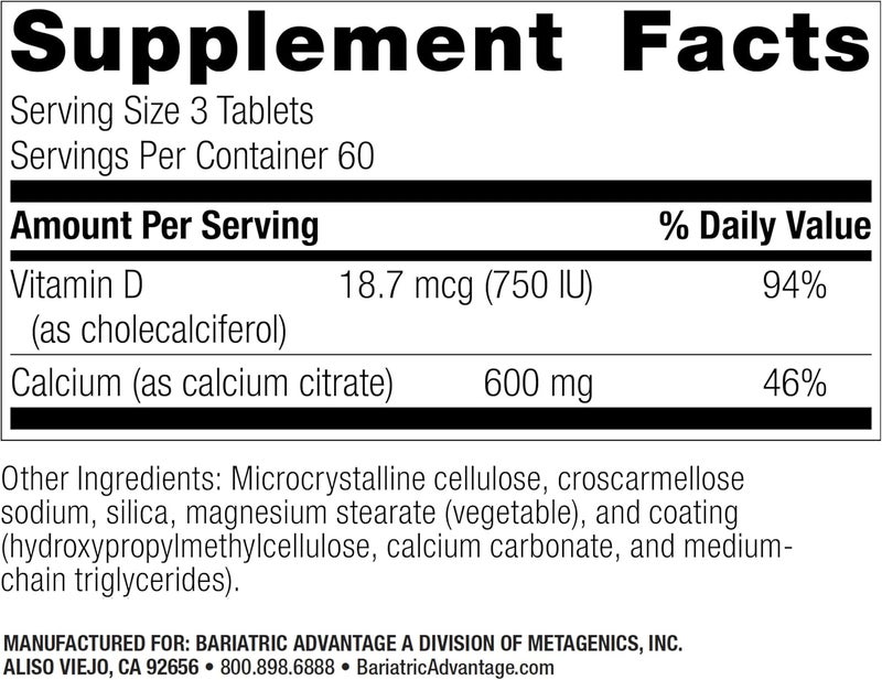 Bariatric Advantage كالسيوم سترات غير قابل للمضغ من بارياتريك أدفانتج لمرضى جراحة السمنة 600 ملغ كالسيوم لكل حصة مع فيتامين د3 مكملات معدنية 180 قرص - Image 2