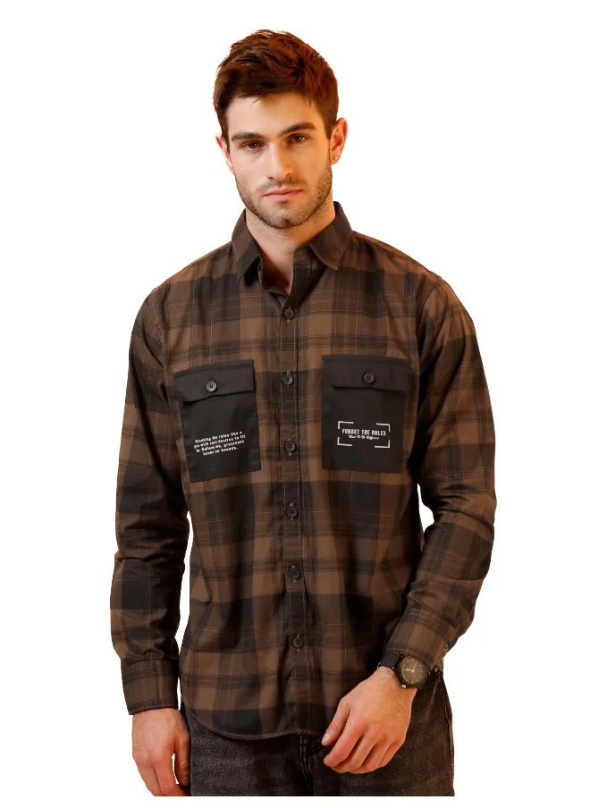 بيونغ Dual Pocket Brown Checked Shirts for Men