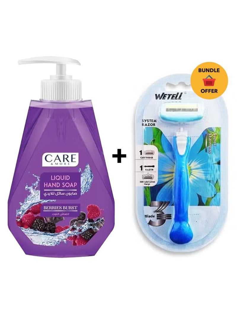WETELL Women's razor with 3 nano-precision blades and a 360° moisturizing strip, enriched with aloe vera and vitamin E for sensitive skin, a flexible head that conforms to the contours of the skin, and protective rubber fins for a smooth and safe shave without irritation. & Liquid hand soap  For Hand Wash , Very Good Smell Berries Burst , Size 520 MlBundle - Image 1