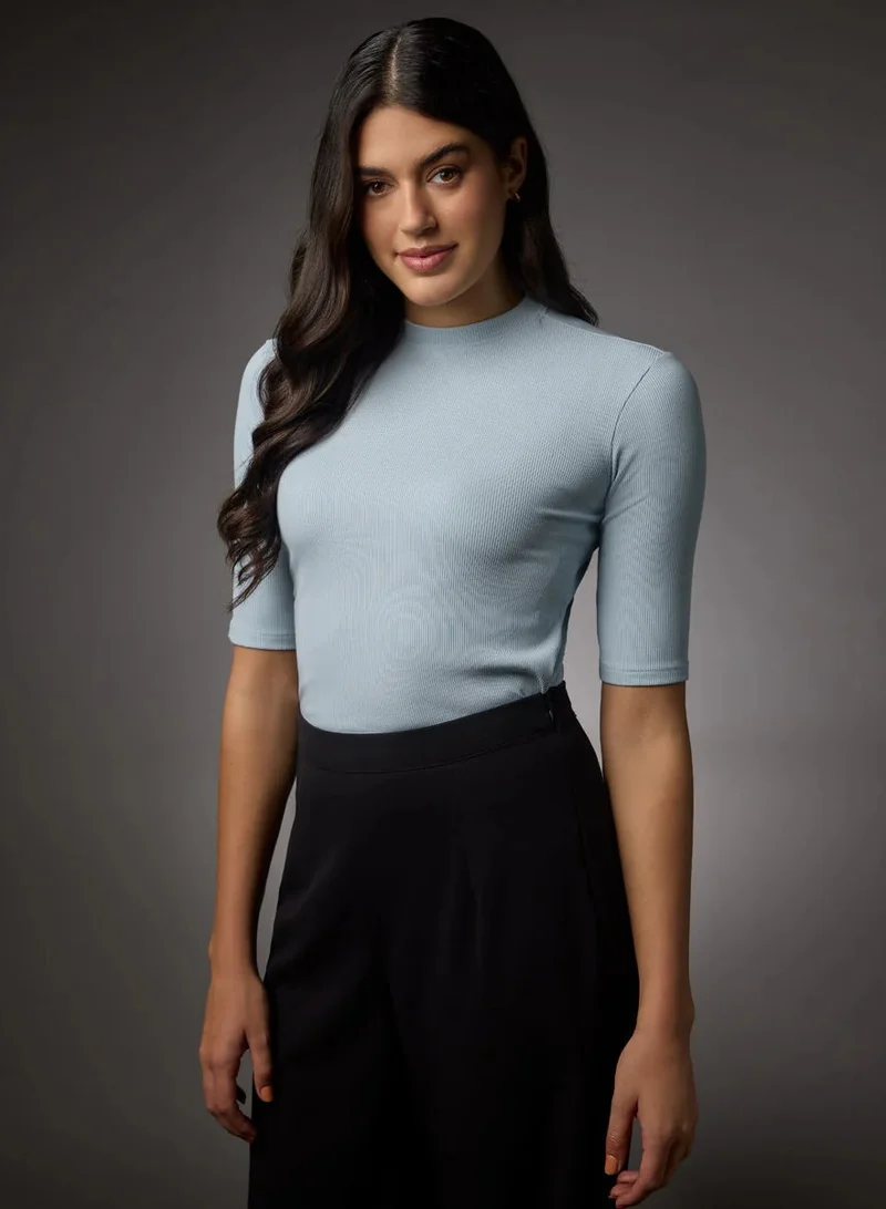Zigzag Short Sleeve High Neck Rib Top- Pale Blue