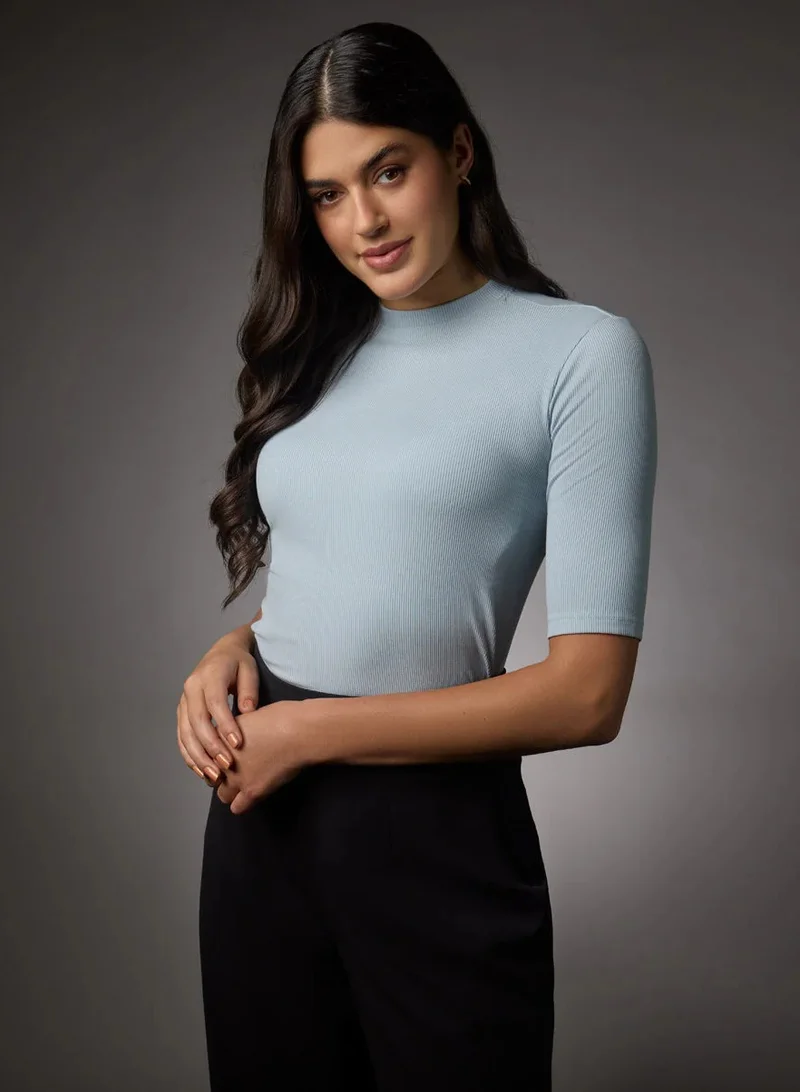 Zigzag Short Sleeve High Neck Rib Top- Pale Blue