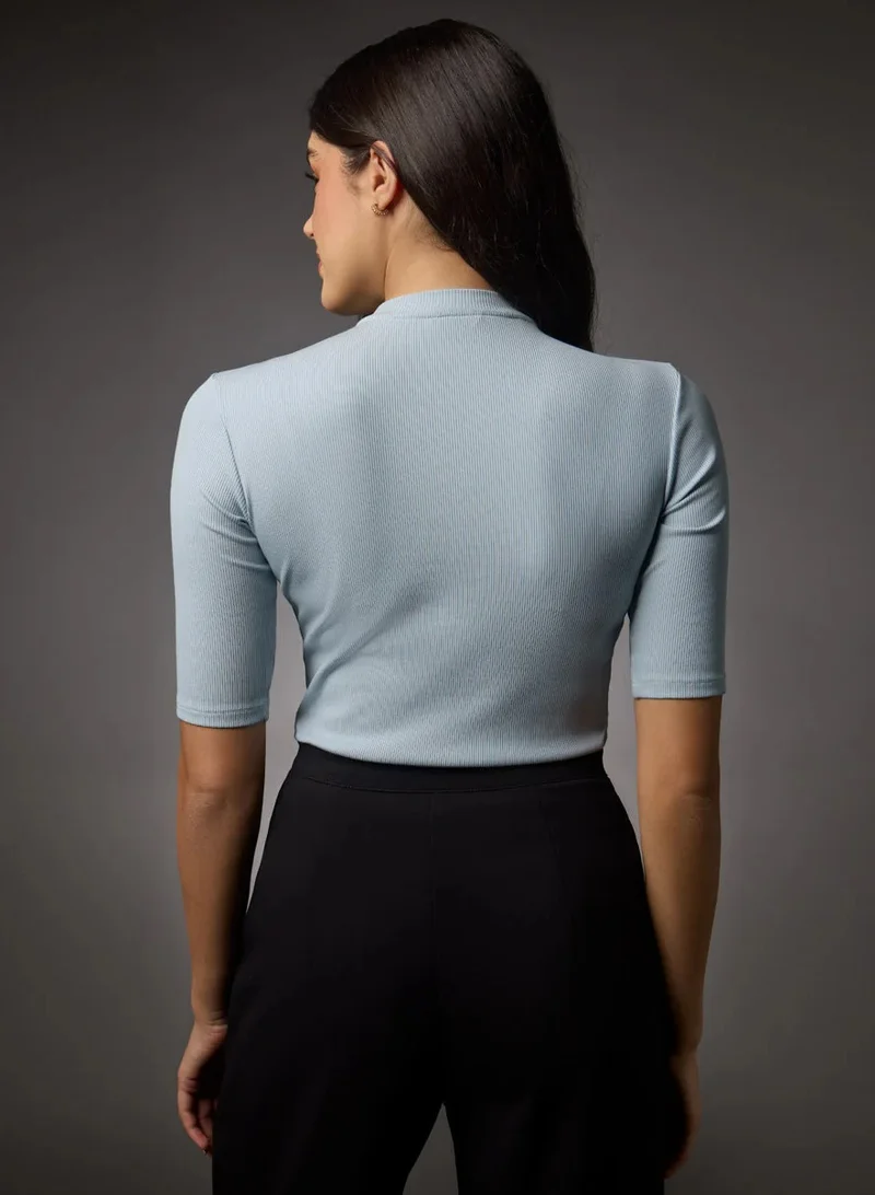 Zigzag Short Sleeve High Neck Rib Top- Pale Blue