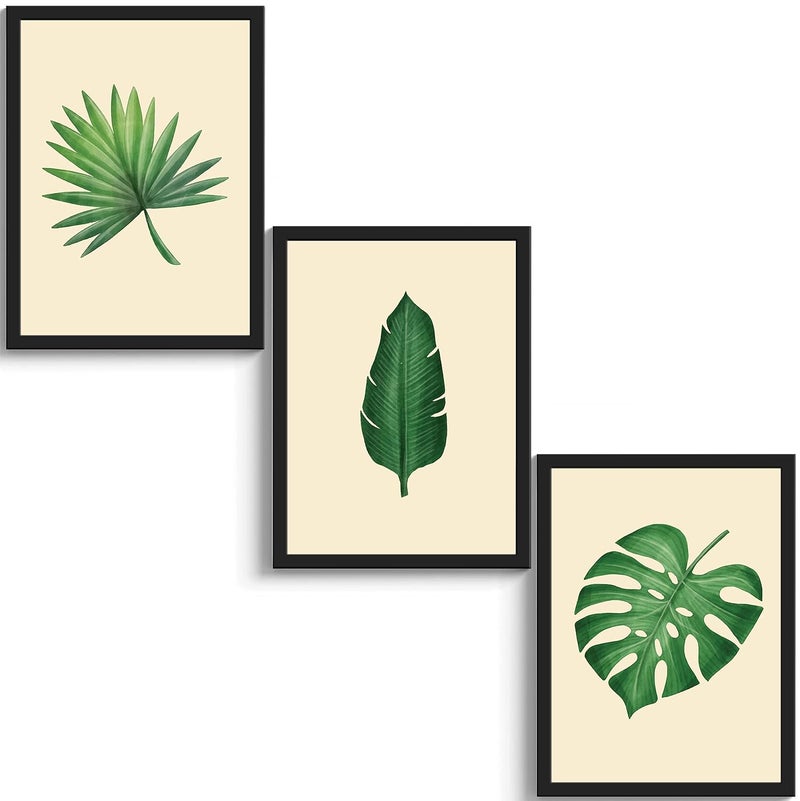SC CREATIVES Set of 3 Realistic Tropical Leaf Framed Art Prints Painting with Plexi Glass 12 x 9 Inches Wall Art Gift Posters for Wall Decor Wall Hangings Black Frame Ready To Hang