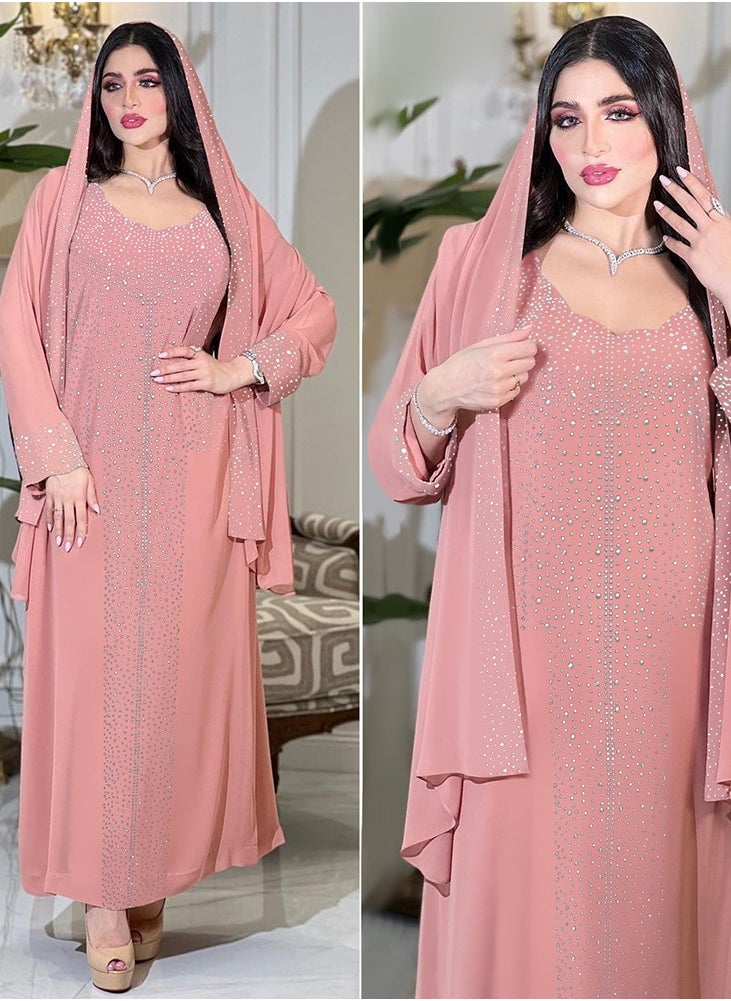 ShineShe - Shiny Pink Sequin Chiffon Long Robe Gown for Evening Party(including headscarf) - Image 1
