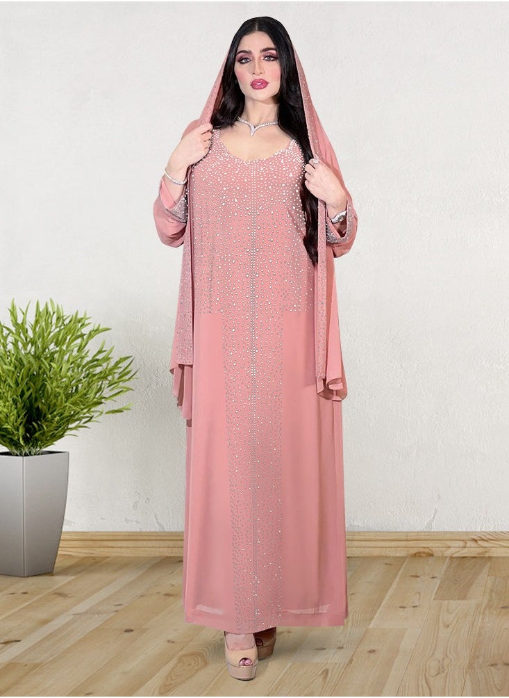 ShineShe - Shiny Pink Sequin Chiffon Long Robe Gown for Evening Party(including headscarf) - Image 1