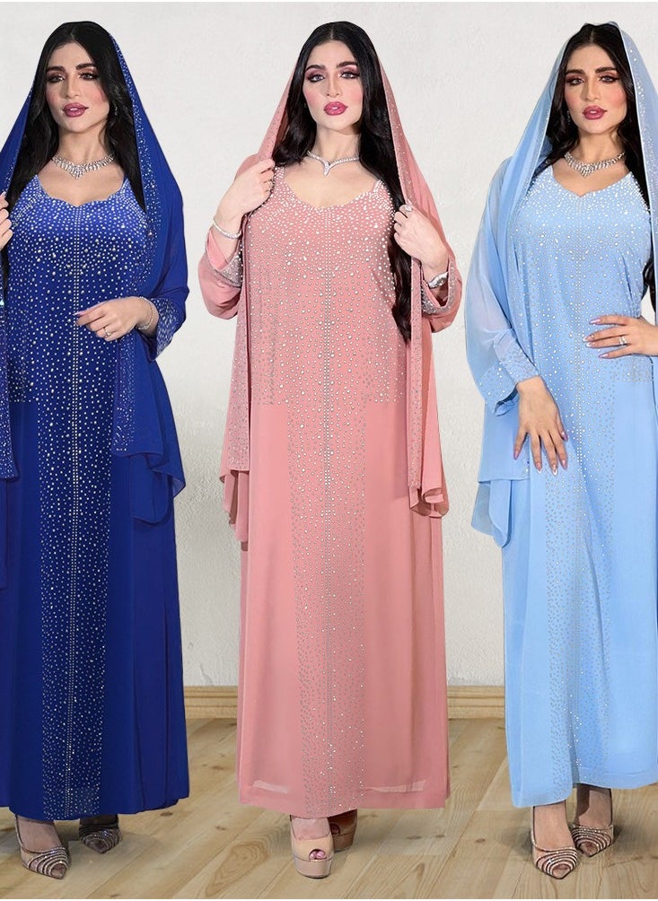 ShineShe - Shiny Pink Sequin Chiffon Long Robe Gown for Evening Party(including headscarf) - Image 1