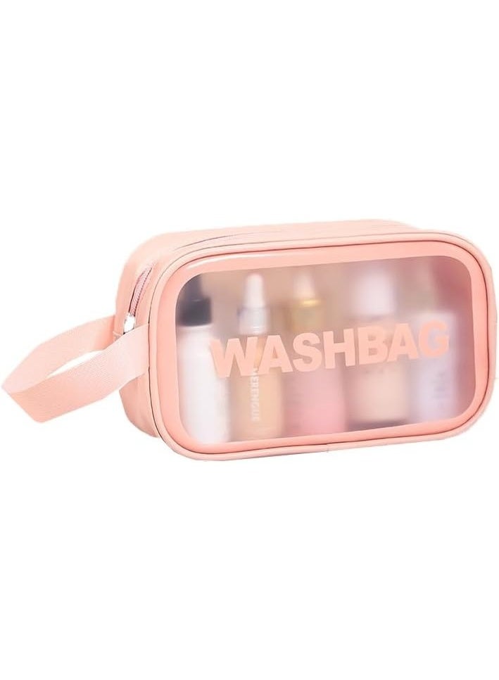 حقيبة مكياج محمولة حقيبة سفر شفافة لمستحضرات التجميل منظم مستحضرات التجميل تحمل كلمه واش باج المقاوم للماء وحقيبة مستحضرات التجميل المزودة بسحاب 24×7×14سم (وردى) - Image 1