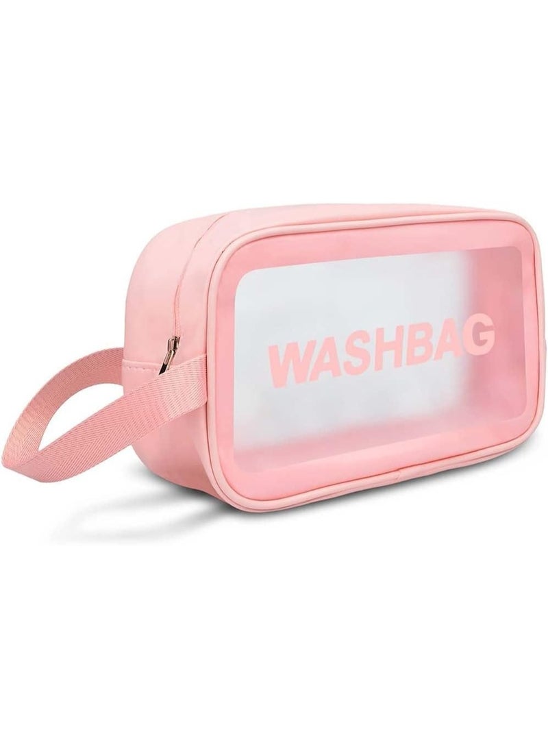حقيبة مكياج محمولة حقيبة سفر شفافة لمستحضرات التجميل منظم مستحضرات التجميل تحمل كلمه واش باج المقاوم للماء وحقيبة مستحضرات التجميل المزودة بسحاب 24×7×14سم (وردى) - Image 2