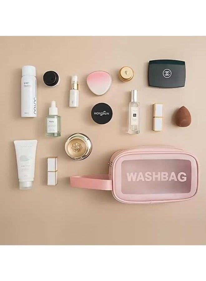 حقيبة مكياج محمولة حقيبة سفر شفافة لمستحضرات التجميل منظم مستحضرات التجميل تحمل كلمه واش باج المقاوم للماء وحقيبة مستحضرات التجميل المزودة بسحاب 24×7×14سم (وردى) - Image 5