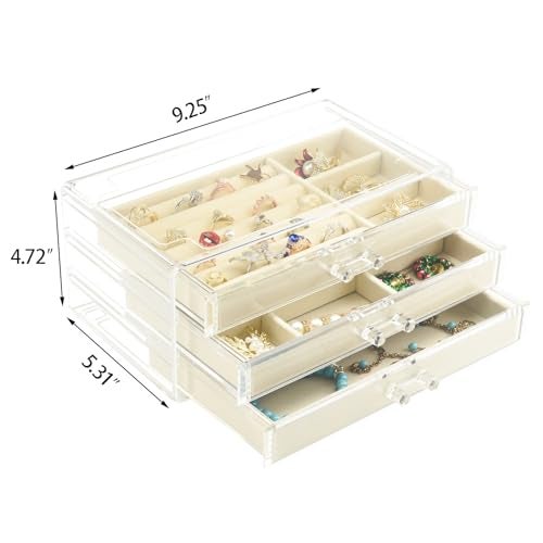 Weiai Acrylic Jewelry Box 3 Drawers, Velvet Jewellery Organizer, Earring Rings Necklaces Bracelets Display Case Gift for Women, Girls, Beige - Image 3