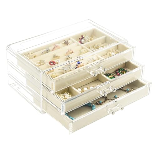 Weiai Acrylic Jewelry Box 3 Drawers, Velvet Jewellery Organizer, Earring Rings Necklaces Bracelets Display Case Gift for Women, Girls, Beige - Image 1